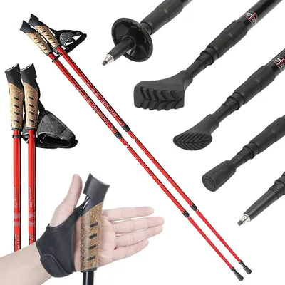 Produktbild von Mucola Nordic Walking Stöcke verstellbar Teleskop Aluminium Antischock Wanderstöcke 2er Set Trekkingstöcke 5 Aufsätze  - Rot