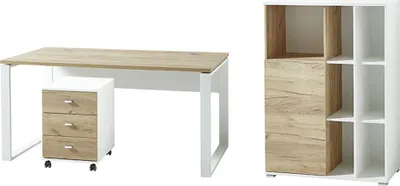 Produktbild von Büro Schreibtisch Set mit Container und Aktenschrank GENT-01 in Navarra Eiche Nb. & weiß BxHxT: 258x120x79cm