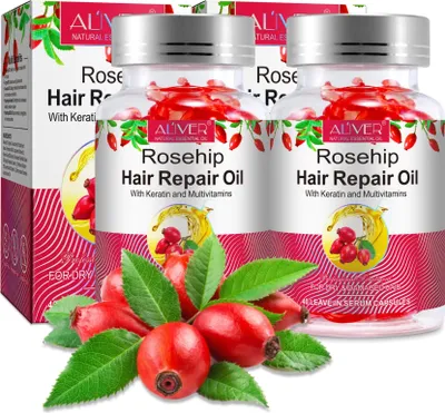 Image de Huile capillaire Huile d'églantier Huile de rose musquée Soins capillaires Croissance des cheveux en gélules Bio Vegan, 2x 40 gélules
