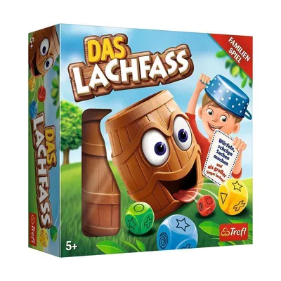 Produktbild von DAS LACHFASS Familienspiel für 2-4 Spieler ab 5 Jahren mit 8 Holzwürfeln und 56 Aufgabenkarten