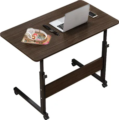 A portable laptop table with wheels, shown from a slightly elevated angle against a white background.