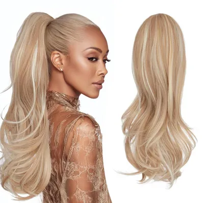 Productafbeelding van Haarverlenging, paardenstaartmodel, met koord, golvend, 56 cm, blond met highlights, synthetisch