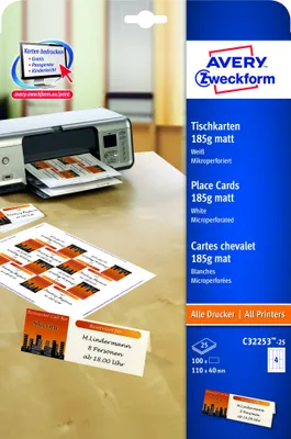 Produktbild von Avery Zweckform C32253-25 Tischkarten, 110 x 40 mm, beschichtet - matt, 25 Blatt