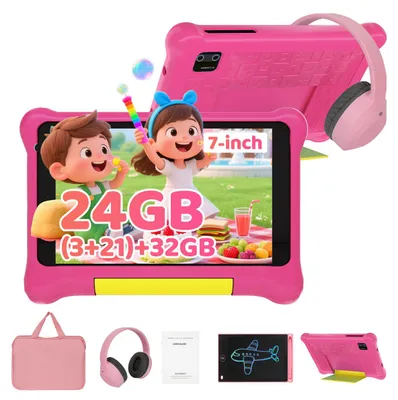 Produktbild von Kinder Tablet 7'' Android 15, inkl. Schreibtafel, Kopfhörer Tragetasche, 24(3+21)GB RAM, 32GB, mit Lern-Apps, Kindersicherung