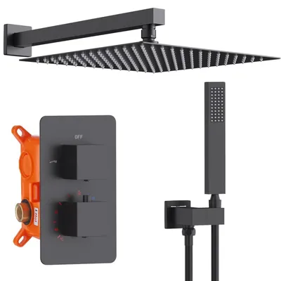 Produktbild von Duschsystem Unterputz mit Thermostat Regendusche Eckig Schwarz 30cm Messingkörper inkl. Handbrause
