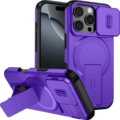 Image de Étui magnétique pour iPhone 16 Pro, étui durable à deux couches avec protection coulissante de l'appareil photo et support réglable Violet
