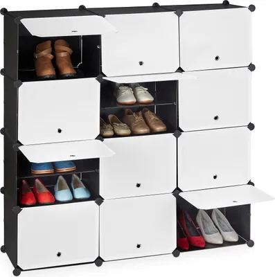 Obrázok produktu pre Skriňa na topánky Relaxdays, 24 priehradiek s dvierkami, modulárny regálový systém, plast a kov, VxŠxH 125x125x32 cm, čierno-biela