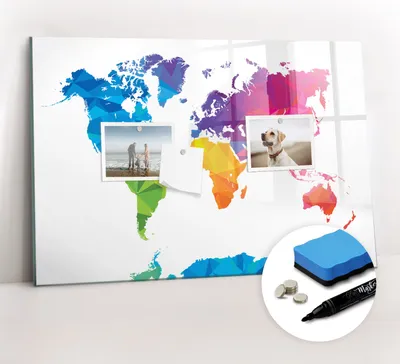 Produktbild von Magnetpinnwand Memoboard - Zubehörsatz - Schwarzer Marker + Schwamm + Magnete - 60 x 40 cm - Abstrakte Weltkarte