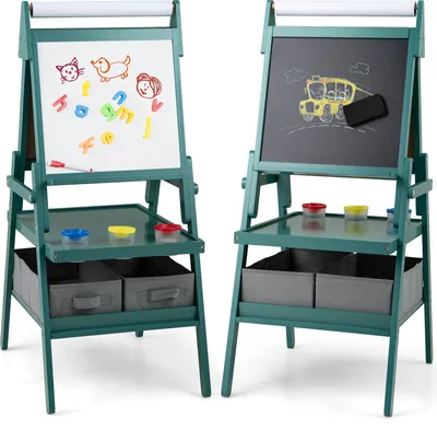 Zdjęcie produktu dla Tablica dla dzieci COSTWAY 3 w 1, dwustronna sztaluga z rolką papieru, magnetyczna tablica kredowa, tablica, 3 kolorowe kubki i 2 pudełka, dla dzieci w wieku 3+ Niebieski