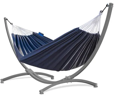 Produktbild von Potenza Outdoor Hängematte mit Gestell für 2 Personen I Baumwolle Doppelhängematte XXL 220x160, 200kg I Grau Hängemattengestell 220kg, wetterfest