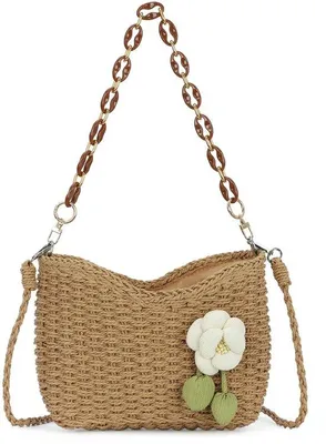 Produktbild von Ibenzoa® Rattan-Schultertasche für Damen mit Blumen – 27 x 20 x 8 cm, 2 Trageriemen (verstellbar 110 cm + Acryl 60 cm), Braun