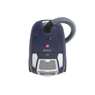 A blue Hoover Brave Pet cylinder vacuum cleaner is shown against a white background.
