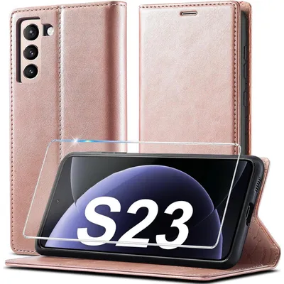Immagine prodotto di Custodia in pelle pieghevole per Samsung Galaxy S23, color rosa, con scomparti per carte e funzione supporto