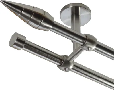 Produktbild von Gardinenstange Set Edelstahl Look Metall Ø 16mm Deckenbefestigung 2-lauf Spitze, Länge wählbar D21 E18 E16