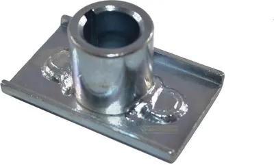 A close-up studio shot of a metal mower blade holder.