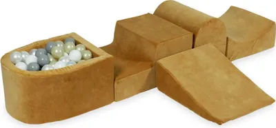 Produktbild von Schaumstoff-Spielset mit Hügel und Mikro-Bällepool – samtig weicher Karamell mit Bällebadbällen 100 Stück / transparent, weiß, perlmutt, grau, hellgold