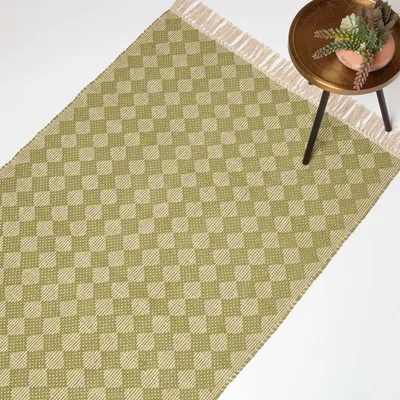 Obrázek produktu pro HOMESCAPES Tkaný koberec Lima s kosočtvercovým vzorem 90 x 150 cm - Bavlněný koberec zelený