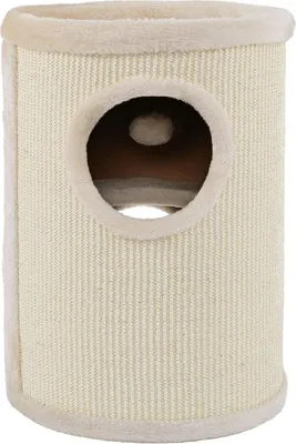 A close-up view of a beige cat scratching tower with a circular entrance hole.