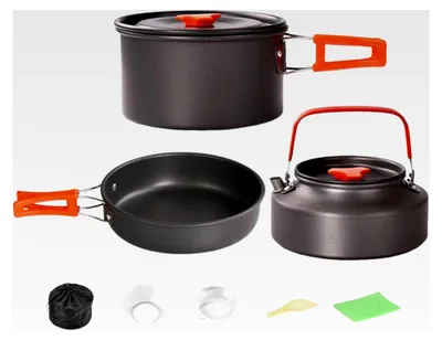 Produktbild von Camping Kochset - 3-teiliges Reisekochgeschirr - Antihaft stapelbar für Reisen mit Wohnmobil, Picknick, Camping, Backpacking und Outdoor-Aktivitäten
