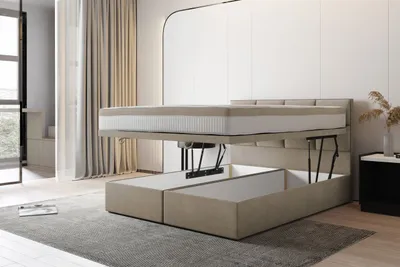A modern bedroom with a bed frame that has storage underneath. The mattress is lifted to show the storage compartments.