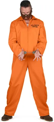 A person wearing a prisoner costume, including an orange jumpsuit, a muzzle, and handcuffs.