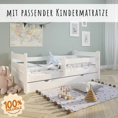 Produktbild von Kinderbett Voll-Holz 200x90 mit Rausfallschutz, Lattenrost & Schublade in weiß Kiefer 90 x 200 Mädchen Jungen Bett Skandi, mit Matratze