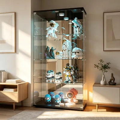 Produktbild von INONEFT Glasvitrine mit Doppeltüren, Standvitrine mit 4 Ablagen und LED, Vitrinenschrank für Sammlerstücke, Spiegelrückwand, Schwarz, 80.5x36.5x164CM