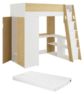 Produktbild von Hochbett 90 x 190 cm mit Kleiderschrank und Schreibtisch – Farbe: Natur und Weiß + Matratze – ARMONESA