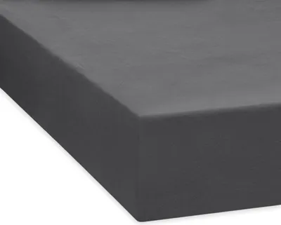 A close-up, angled view of a dark gray fitted sheet, likely a mattress protector or fitted sheet, on a white background.