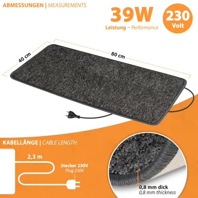 Produktbild von Infrarot Heizteppich Heizmatte 40x80cm Teppichheizung Fußwärme 39 Watt 230V  Anthrazit Pro Car