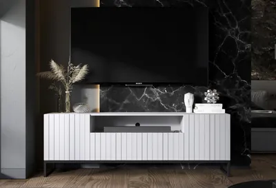 Produktbild von TV-Schrank Glamour TV-Schrank Elpis 2 Dreitürig Modern Lindner Möbel 150cm x 51,5cm x 36,5cm Farbe: Weiß matt Rahmen: Schwarz - Metall