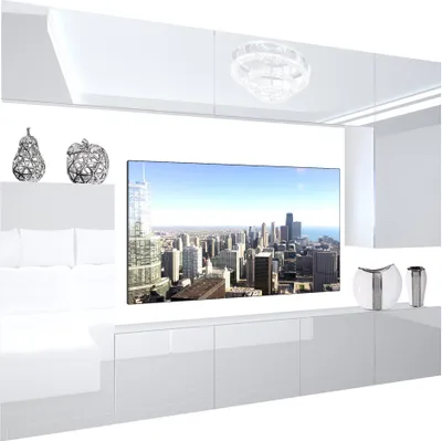 Produktbild von BELINI Wohnwand Vollausstattung Wohnzimmer-Set Moderne Schrankwand mit LED-Beleuchtung Weiß Glänzend Anbauwand TV-Schrank Weiß Glänzend