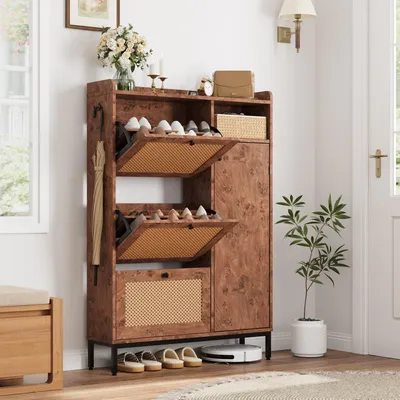 Image de Armoire à chaussures avec 3 tiroirs basculants et une porte en osier tressé – Rangement à chaussures étroit (Czeczot / Bois rustique)