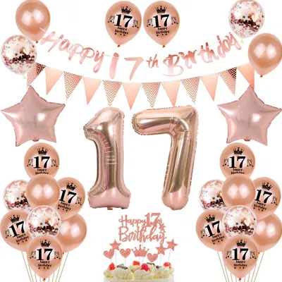 Produktbild von 17. Geburtstag Deko Set Rosegold Banner Girlande Luftballons Tortendeko