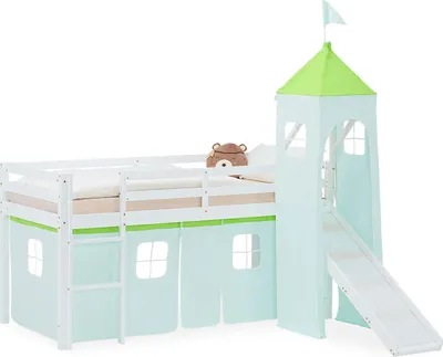 Image de Lit superposé 90x200 cm avec Toboggan Lit mezzanine en Bois Pin Massif Lit d'enfant Cadre de Lit Rideau Tour Vert