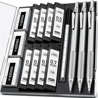 Immagine prodotto di Set di 3 matite da disegno in metallo, con punte da 0,5 mm, 0,7 mm e 0,9 mm, completo di 480 mine HB e 3 gomme da cancellare, colore argento