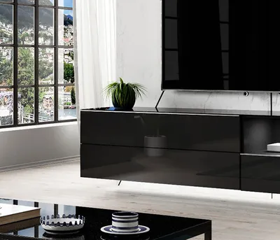 Productafbeelding van Lage salontafel "Helio", TV-meubel 120cm, zwart, met glazen deurtjes (kleur naar keuze)
