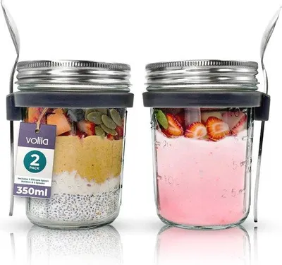 Produktbild von Gläserne Frühstücksbehälter mit Löffel, ideal für Overnight-Oats und Snacks