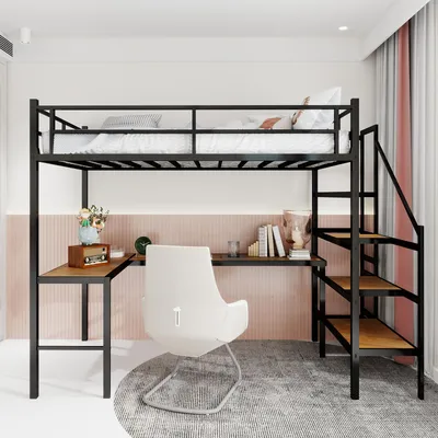 Image de Lit surélevé Sweiko avec bureau en L, grand espace de rangement et casiers, cadre de lit stable avec escalier, garde-corps à sangles sur toute la longueur, peu encombrant, silencieux, pas besoin de ressorts d'éléphant
