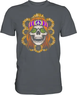 Produktbild von Hippie Totenkopf Sonnenblumen T-Shirt Gärtner Geschenk Garten – Dark Grey / XL