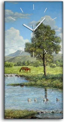 Produktbild von Leinwand Uhr Küche Wohnzimmer Bild 30x60 Gemälde Landschaft Baum Berg Kunst - weiße Hände