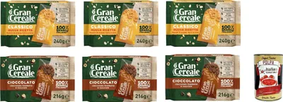 Produktbild von Barilla Mulino Bianco Gran Cereale Testpaket Kekse mit Haferflocken Dinkel und Gerste 3x 240g 3x 210g Biscuits Vollkornkekse mit Cereals Flocken ( 6 x 4 Kekse ) + Italian Gourmet polpa 400g