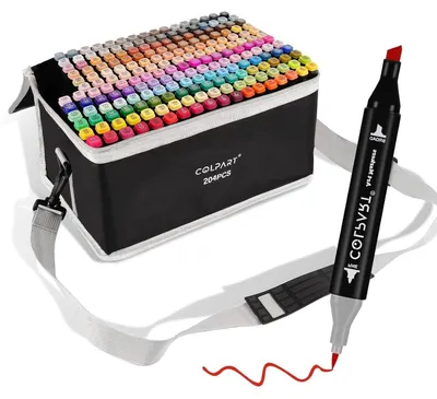 Produktbild von Alkohol Marker Set 204 Farben, Doppelseitige Stifte für Kinder & Erwachsene, inkl. Tragetasche