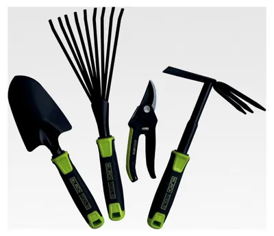 Produktbild von Gartengeräte-Set 4-teilig | Pflanzkelle, Kombihacke, Gartenschere, Fächerbesen | Ideal für kleine Gärten oder Balkone | Garten, Kübel, Balkonkästen, Beete