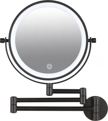 A black wall-mounted makeup mirror with LED lighting and an adjustable arm is shown against a white background.
