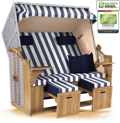 Produktbild von Strandkorb Ostsee 2,5-Sitzer 150cm breit in Beige Weiß Blau Blockstreifen Zerlegt ideal für Balkon, Terrasse oder Garten