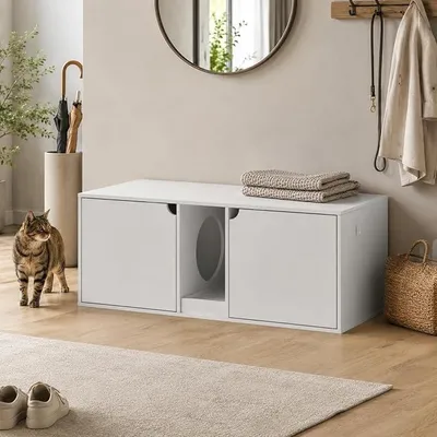 Produktbild von Katzentoilette Schrank Weiß, Katzenklo Schrank mit 2 Türen und ovalem Eingang, Katzenhaus Möbel für Flur, Bad und Wohnzimmer, verstecktes Katzenklo, 110 x 52 x 43 cm