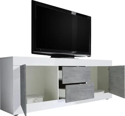 Immagine prodotto di Dmora Mobile Porta tv Sinello 210x43x65h cm Bianco Lucido, 2 Vani Apertura Maniglia