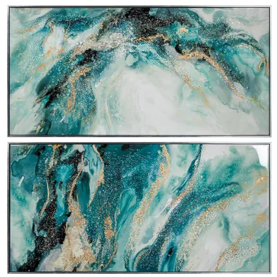 2 abstrakte Bilder mit Holzrahmen, Grün/Gold, 102x3,2x52 cm