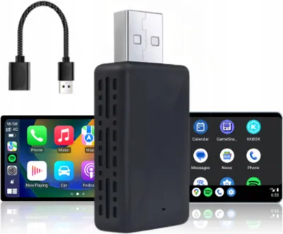 A black USB adapter is shown in the foreground, with two car infotainment screens displaying app interfaces on either side. A braided USB cable is also visible in the upper left corner.